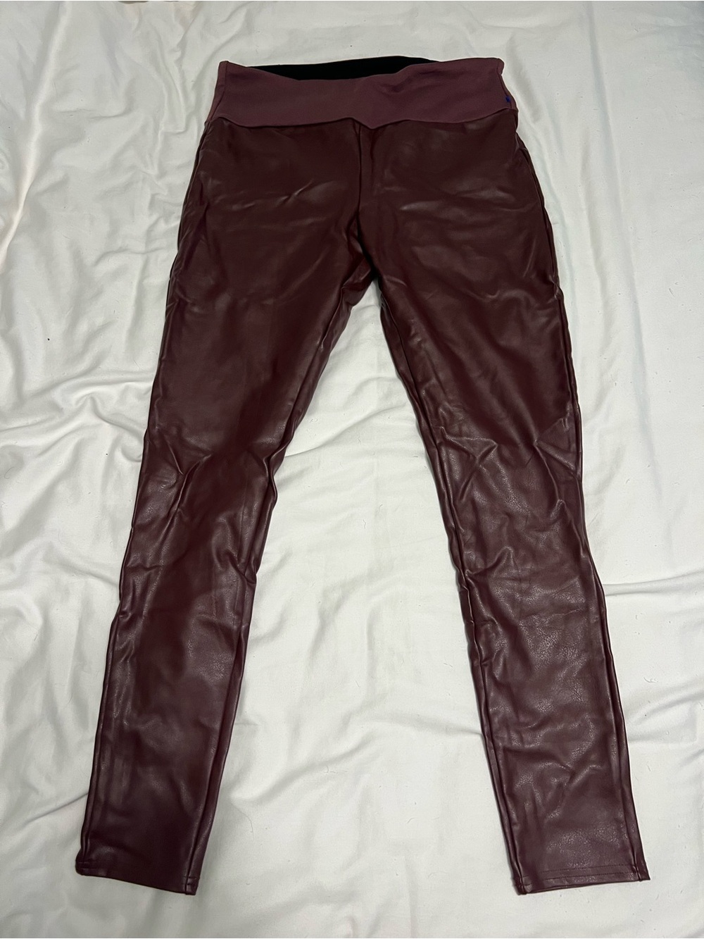 Assets By Spanx Burgundy Faux Leather Leggings with Plum Waistband